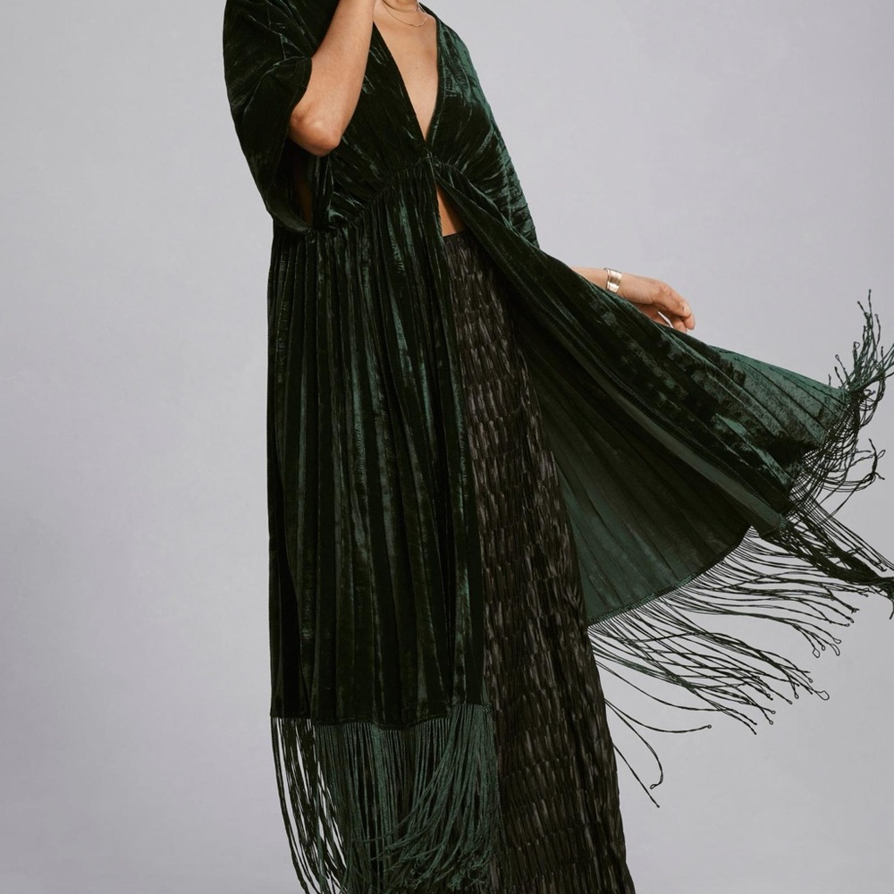 NWT - Anthropologie Emerald Green Velvet Kimono Overcoat with Tassles